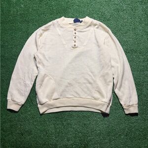 Vintage 80s Stats Henley Sweatshirt Cream Pullover Pockets Made in USA Shirt